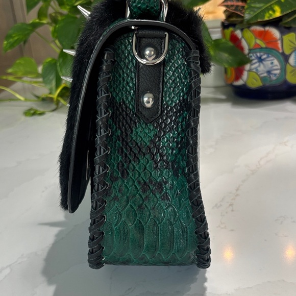 Danea 2481 Statement Green Python & Black Fur Spike Satchel One of a Kind